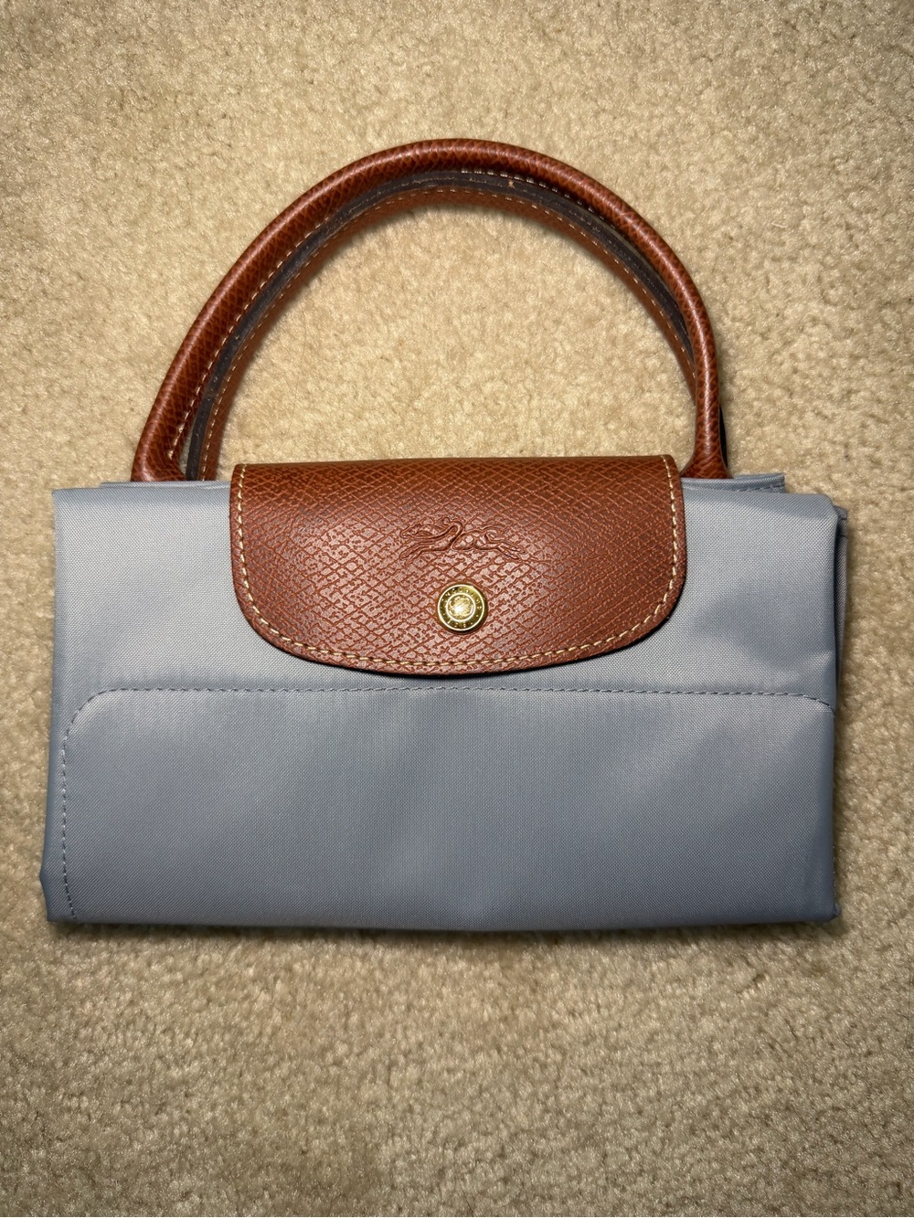 Longchamp Le Pliage Women's Tote Bag in Light Blue with Brown Trim - Picture 6 of 12